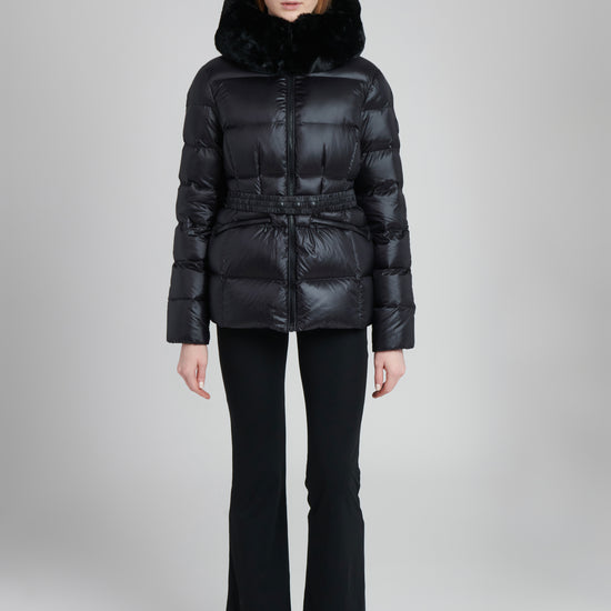 Lux Women's Cropped Parka – sustainable jacket with recycled materials, repurposed down insulation, and faux fur trimmed hood.