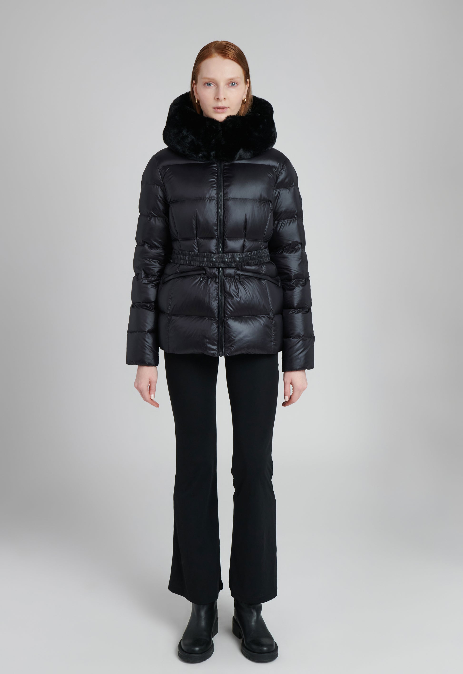 Lux Women's Cropped Parka – sustainable jacket with recycled materials, repurposed down insulation, and faux fur trimmed hood.