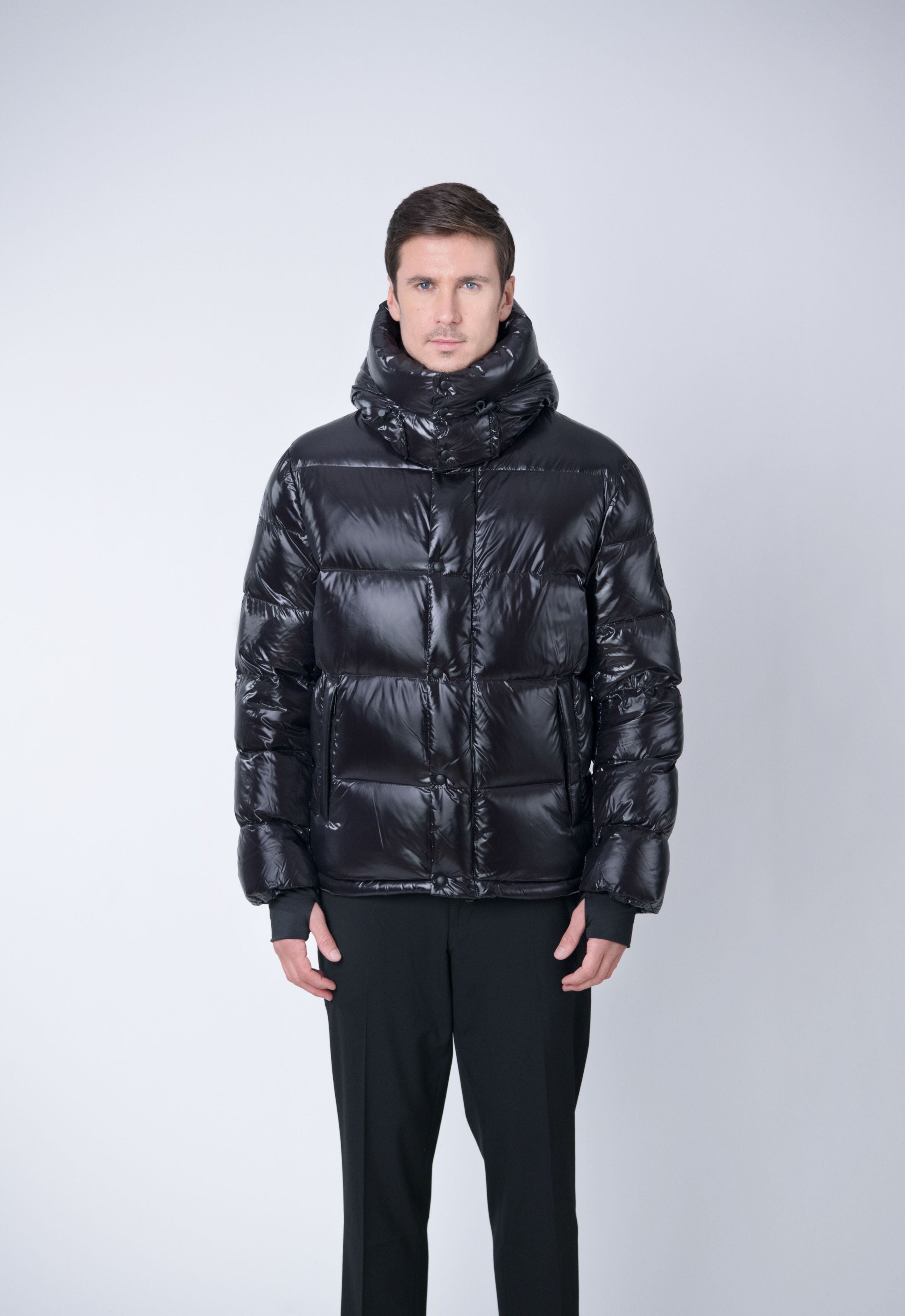 Black Shiny Puffer Jacket Mens with Hood