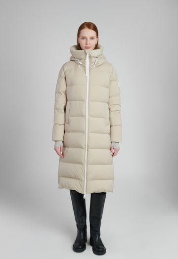 Nora Women's Long Winter Coat – sustainable outerwear made from 100% recycled materials with repurposed down insulation.