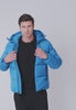Video of man wearing blue puffer coat with inner pockets and hood.