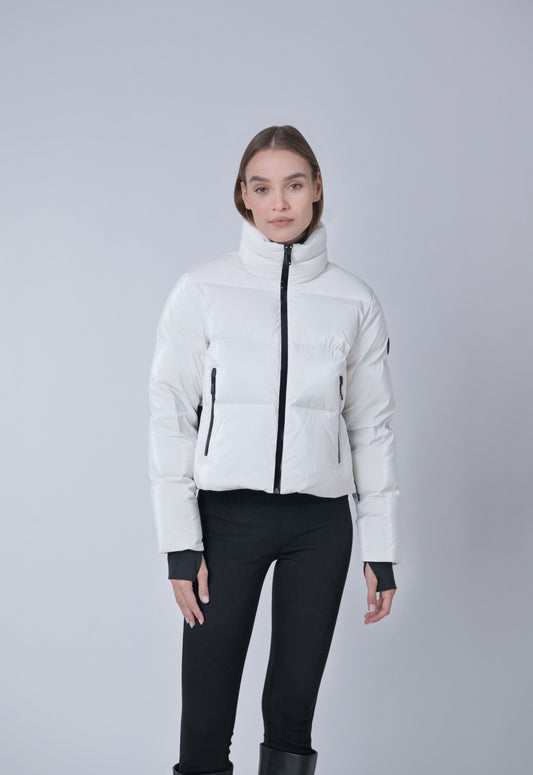 Evo Metallic Women's Jacket – sustainable outerwear made from 100% recycled materials with repurposed down insulation.