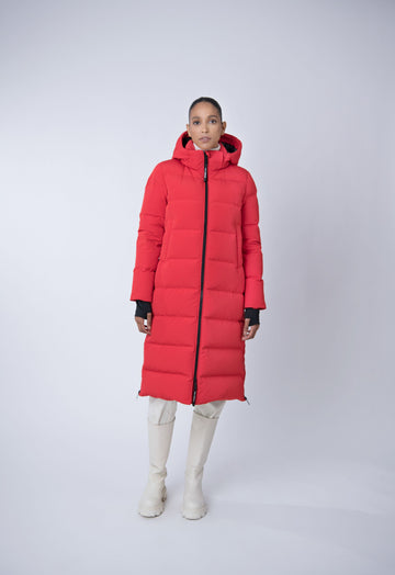 Lungo Women's Knee-Length Parka – ethically-made winter coat crafted from recycled crinkle nylon with repurposed down insulation.