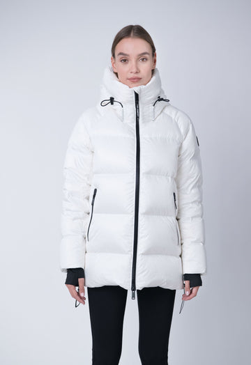 Orsa Women's Hooded Winter Coat – sustainable outerwear made from 100% recycled materials with repurposed down insulation.
