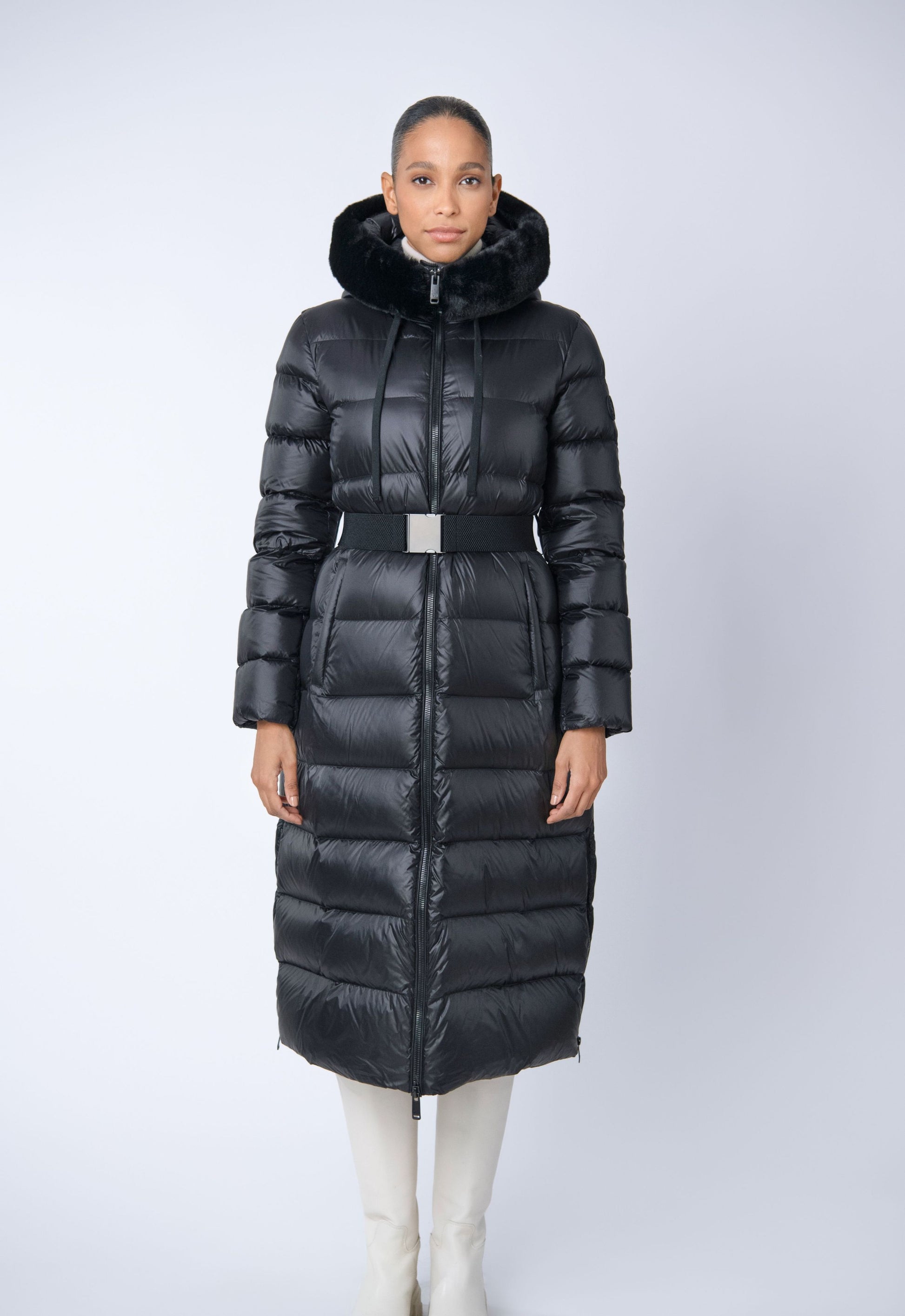 Romi Women's Faux Fur Trimmed Winter Coat – sustainable outerwear made from 100% recycled materials with repurposed down insulation and removable faux fur trim.